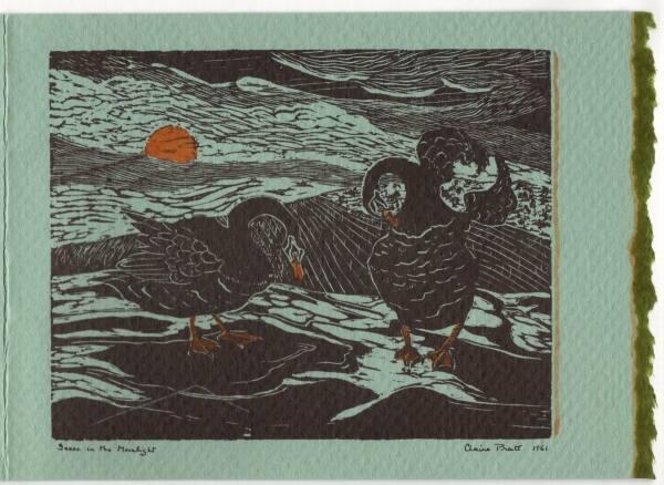 Claire Pratt (1921 - 1995)
Geese in the Moonlight  1961 (Christmas card)
wood engraving on gr…
