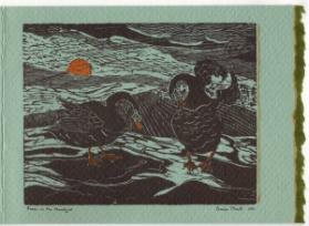Claire Pratt (1921 - 1995)
Geese in the Moonlight  1961 (Christmas card)
wood engraving on gr…