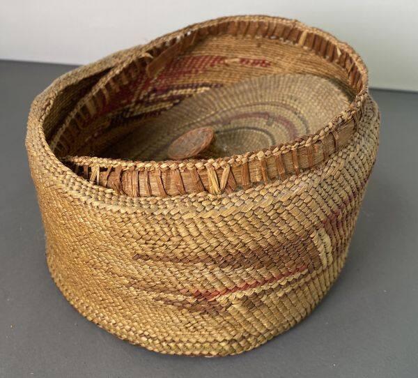 Woven Basket with Knob-handled Lid, geometric patterns