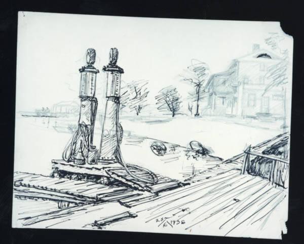 Untitled (gas pumps on a wharf)