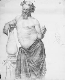 Untitled (study of man draped around hips, standing leaning on pillar)