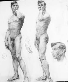 Untitled (2 studies of standing nude male; head study br; hand study centre)