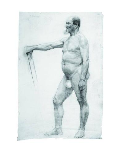 Untitled (study of nude standing male holding staff)