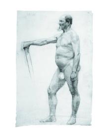 Untitled (study of nude standing male holding staff)