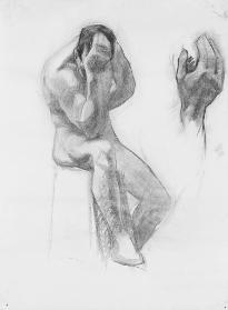 Untitled (seated nude man holding head in hand, study of a hand on right side)