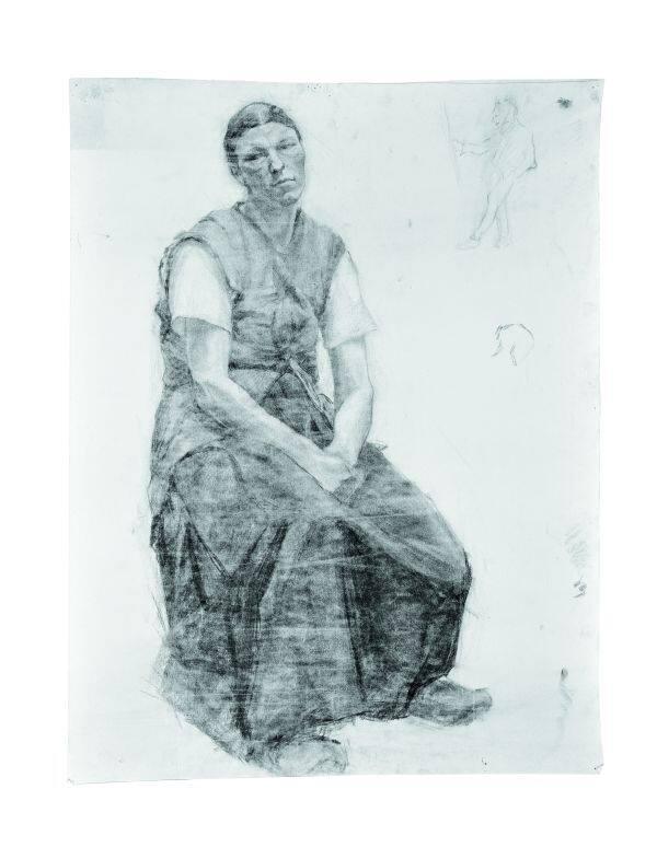 Untitled (study of a seated, clothed woman; small devil-like figure sketched in tr)