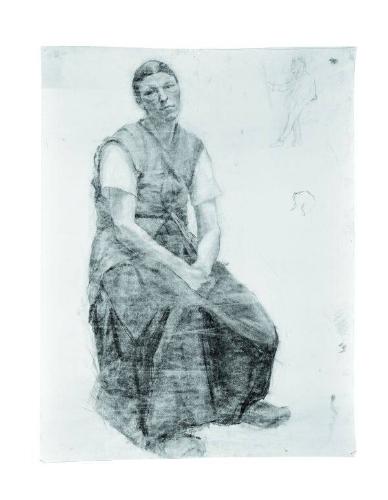 Untitled (study of a seated, clothed woman; small devil-like figure sketched in tr)