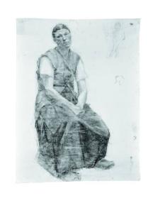Untitled (study of a seated, clothed woman; small devil-like figure sketched in tr)