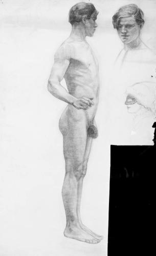 Untitled (side view of young man); portrait study; sketch of face in carnival make-up (R); Untitled (V)