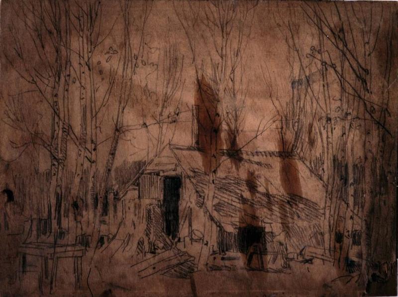 Cabin in Woods, the Guides Home (R); Untitled (barn sketch) (V)