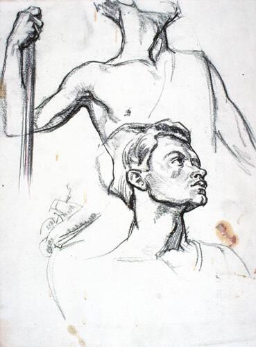 Study for Head and Shoulders of Courage (R); Two figure studies and a caricature of a female head (V)