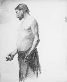 Untitled (study of standing bearded man, draped around hips)