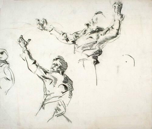 Two figure studies of a youth throwing