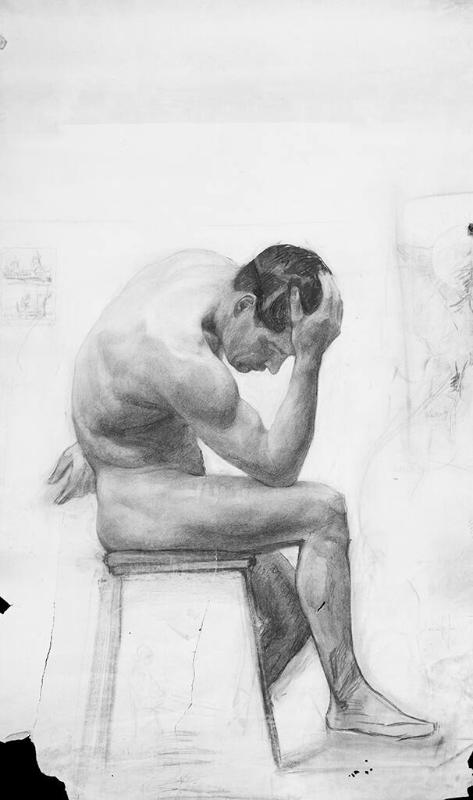 Untitled (side view of seated nude male); two thumbnail landscape sketches in upper left (R); Untitled (V)