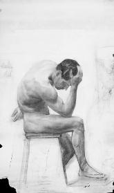 Untitled (side view of seated nude male); two thumbnail landscape sketches in upper left (R); Untitled (V)