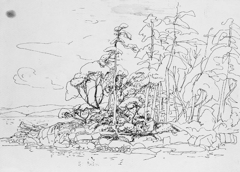 Rocky Lakeshore with Trees (R); Untitled (study of old tree) (V)