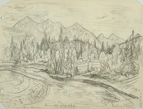 Belly River (R); Untitled (mountain, horses, buggies) (V)