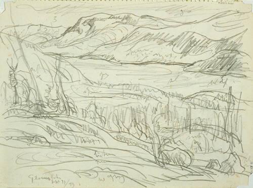 Glacier Lake (R); Untitled (hills, pond, leaves) (V)