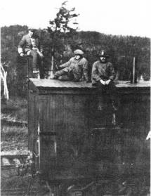 A.Y. Jackson, Frank Johnston and Lawren Harris on the Algoma boxcar