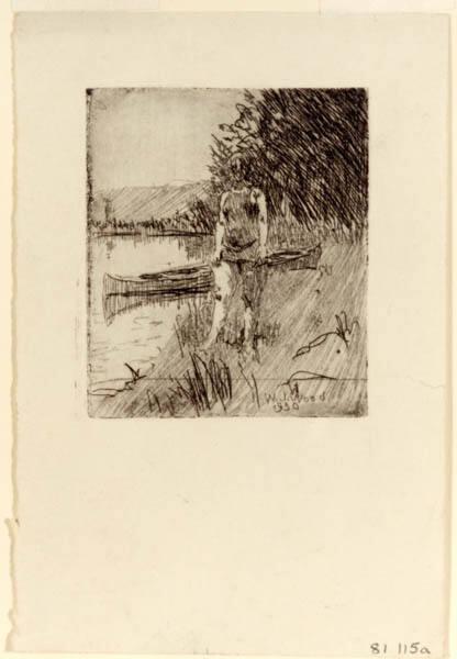 Woman Standing by a Canoe