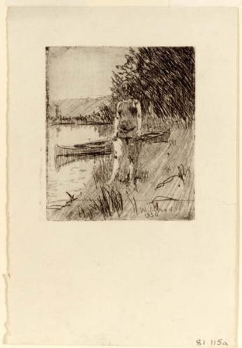 Woman Standing by a Canoe