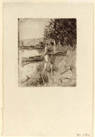Woman Standing by a Canoe