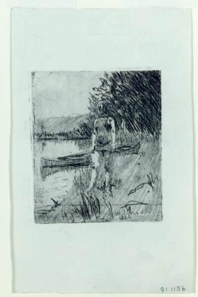 Woman Standing by a Canoe