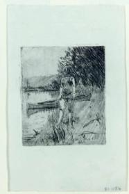 Woman Standing by a Canoe