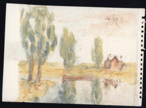 Untitled (landscape with lake and canoe)