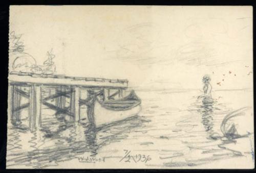 Untitled (canoe, dock, woman wading)